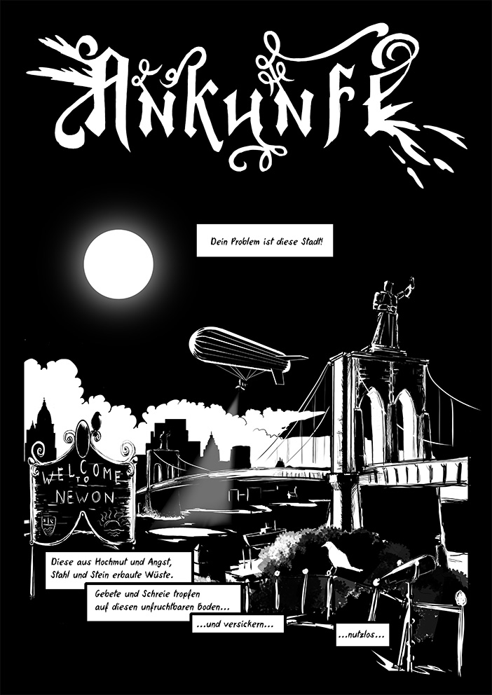 Seite aus dem Comic Mea Culpa, Blick auf eine Stadt in schwarz-weiß