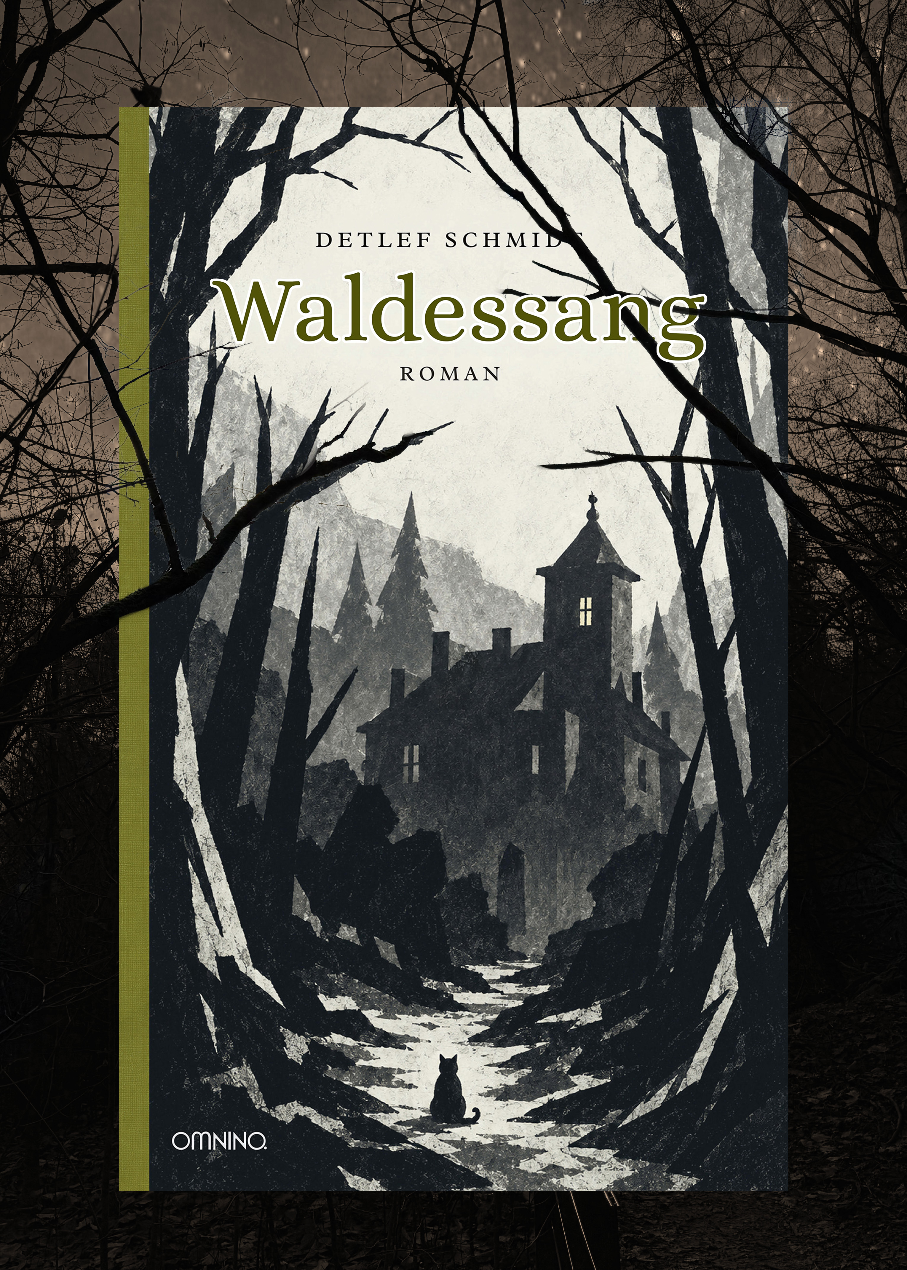 Cover meines Buches Waldessang, Wald, unheimliches Haus und eine Katze
